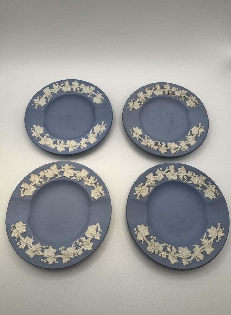 Vintage Wedgwood Blue Jasperware Grapevine Ashtrays Set of 4 Made in England